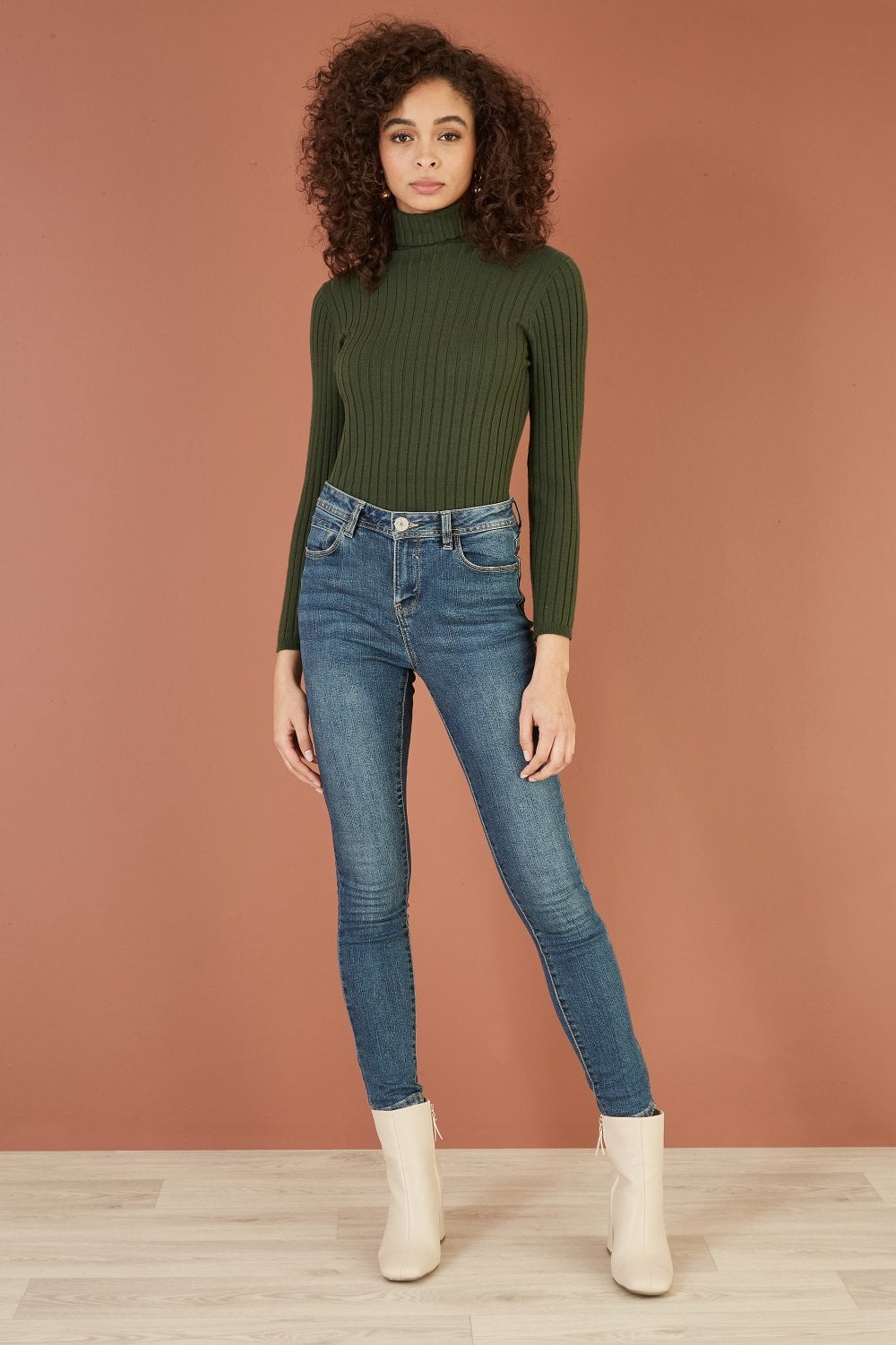 Mela Green Ribbed Knit Roll Neck Jumper