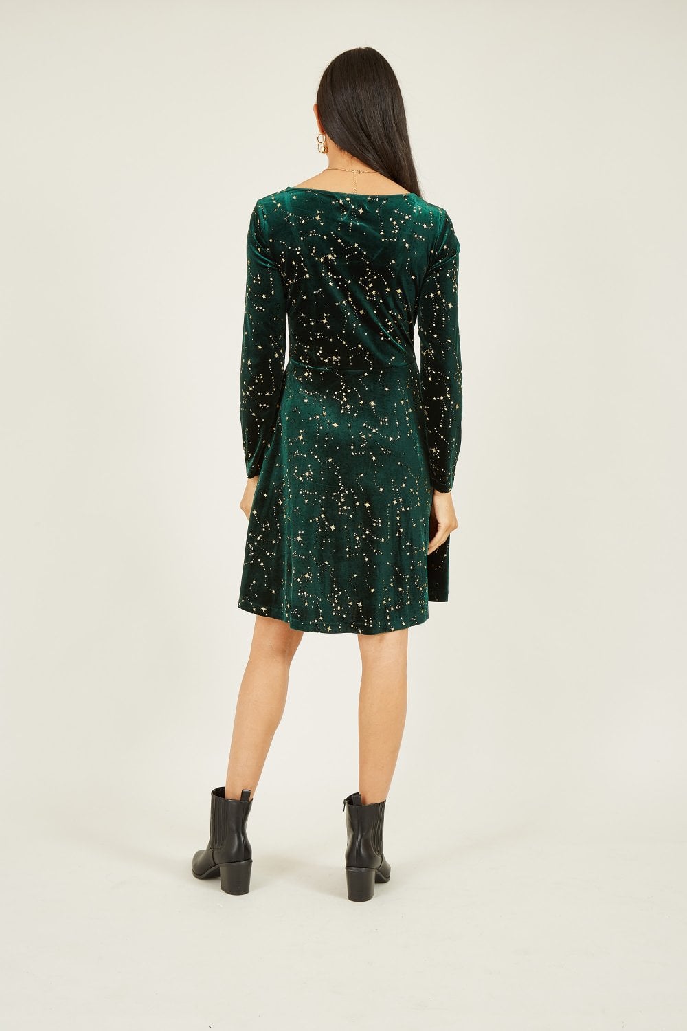 Mela Green Star Foil Print Long Sleeve Skater Dress