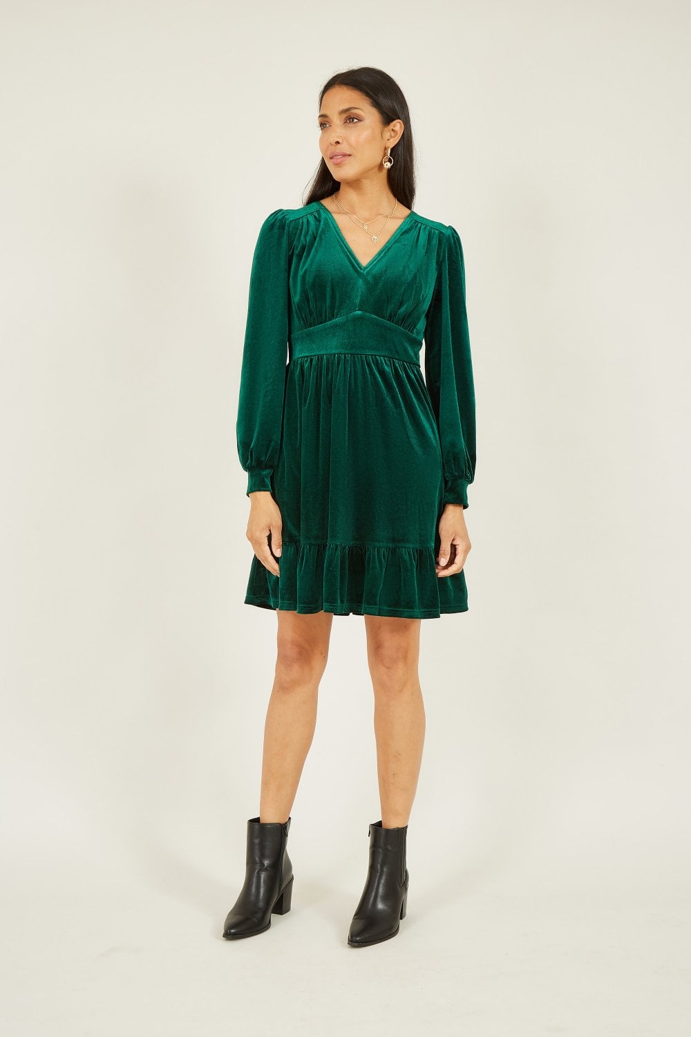 Mela Green Velvet Long Sleeve Skater Dress