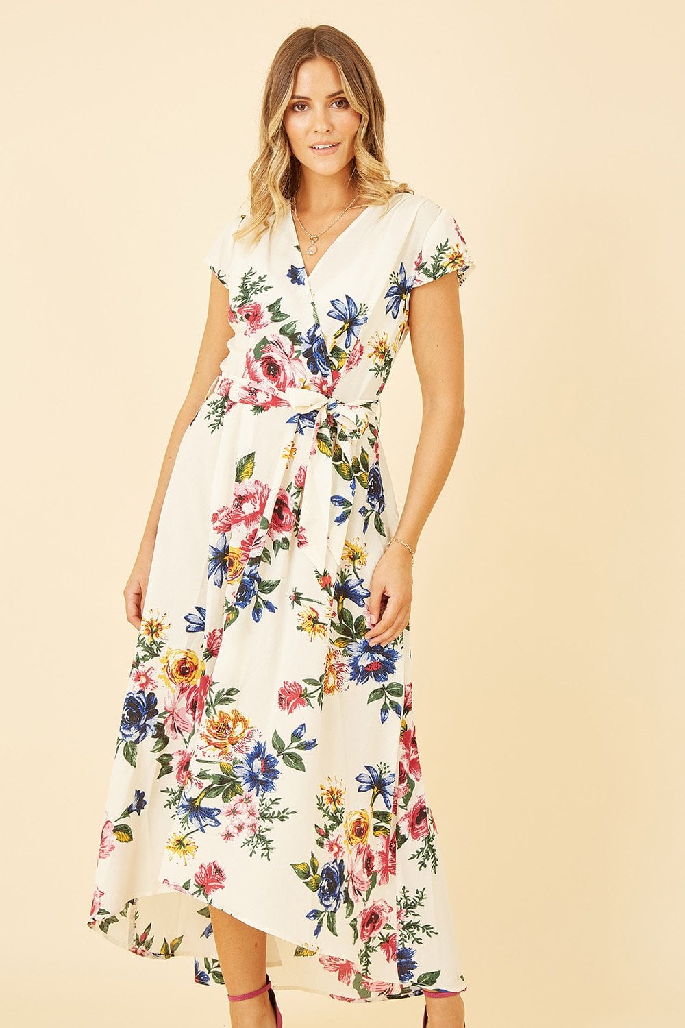 Mela Ivory Floral Wrap Dip Hem Dress