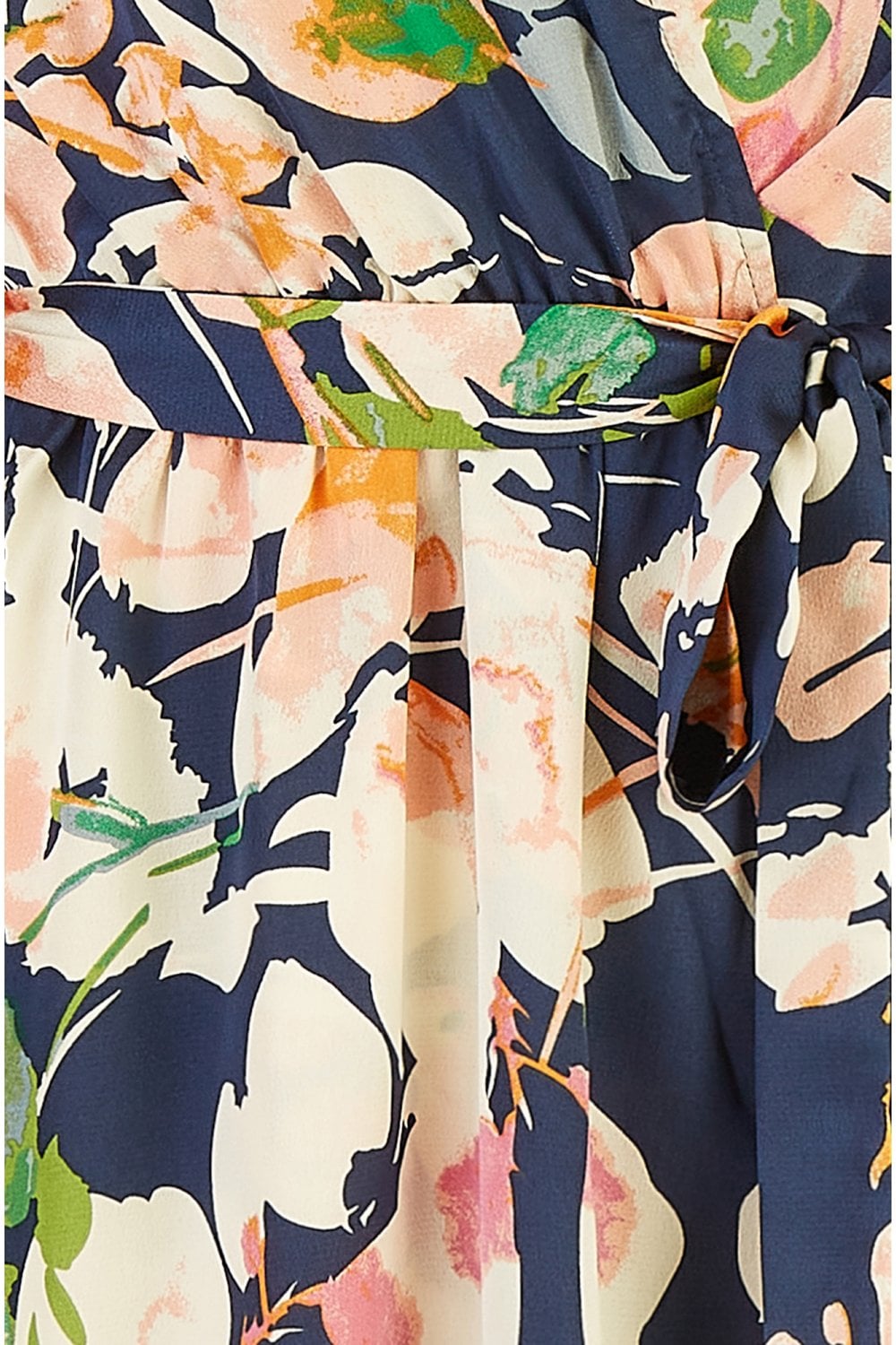 Mela Navy Floral Satin Wrap Over Midi Dress With Frill Sleeve