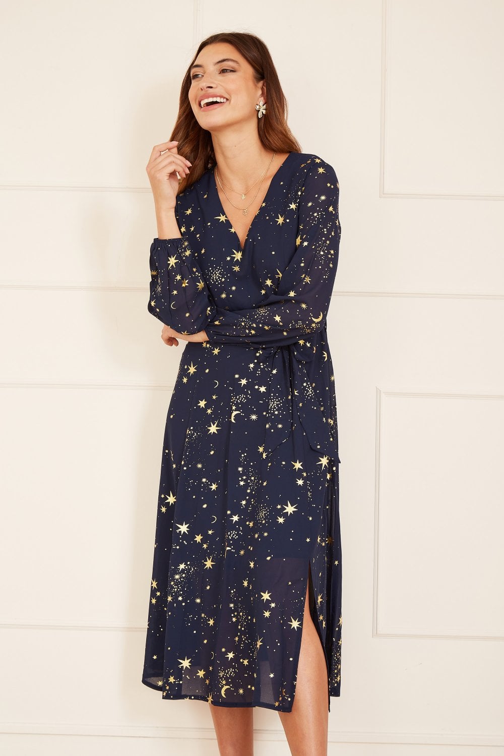 Mela Navy Foil Star Print Long Sleeve Midi