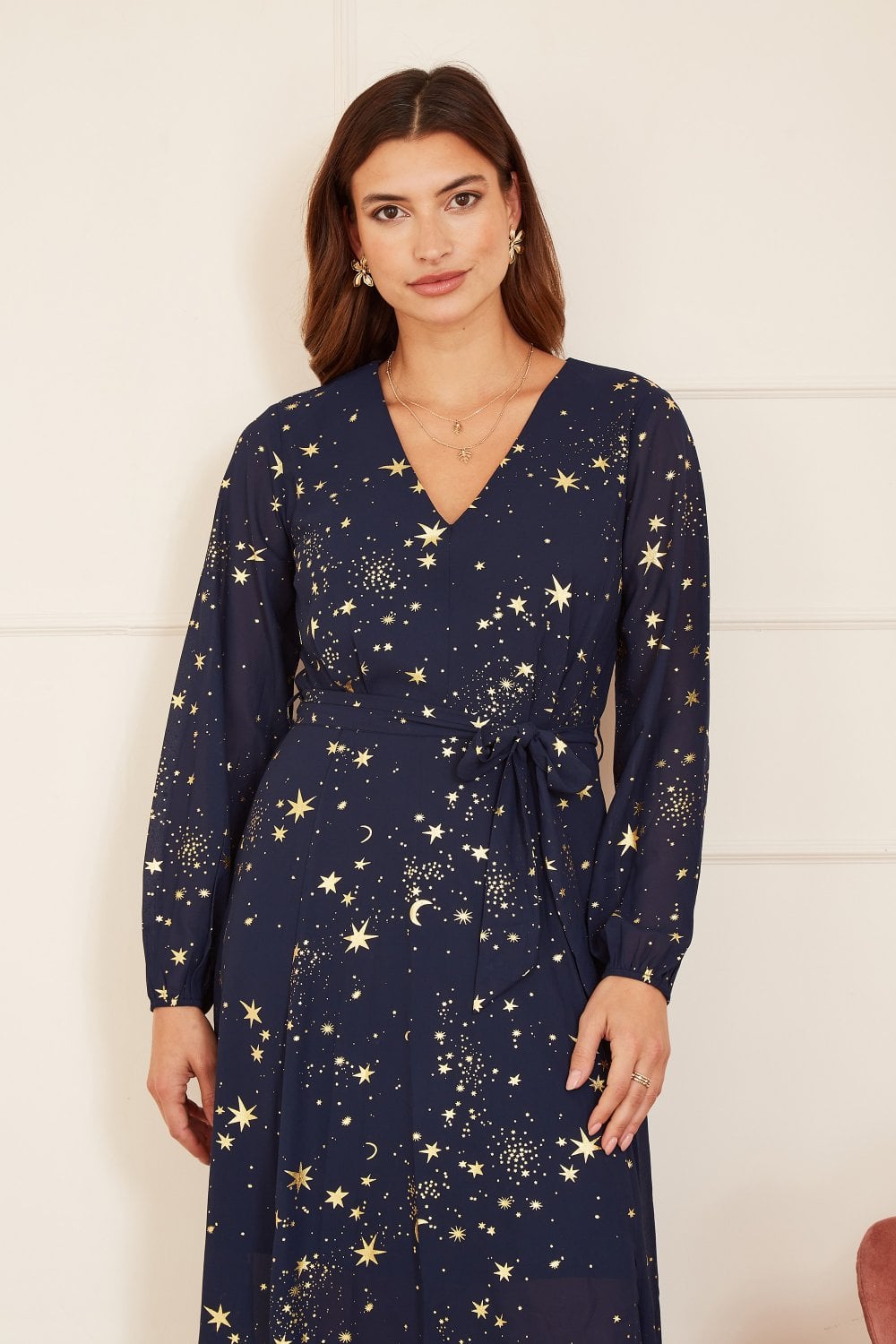 Mela Navy Foil Star Print Long Sleeve Midi