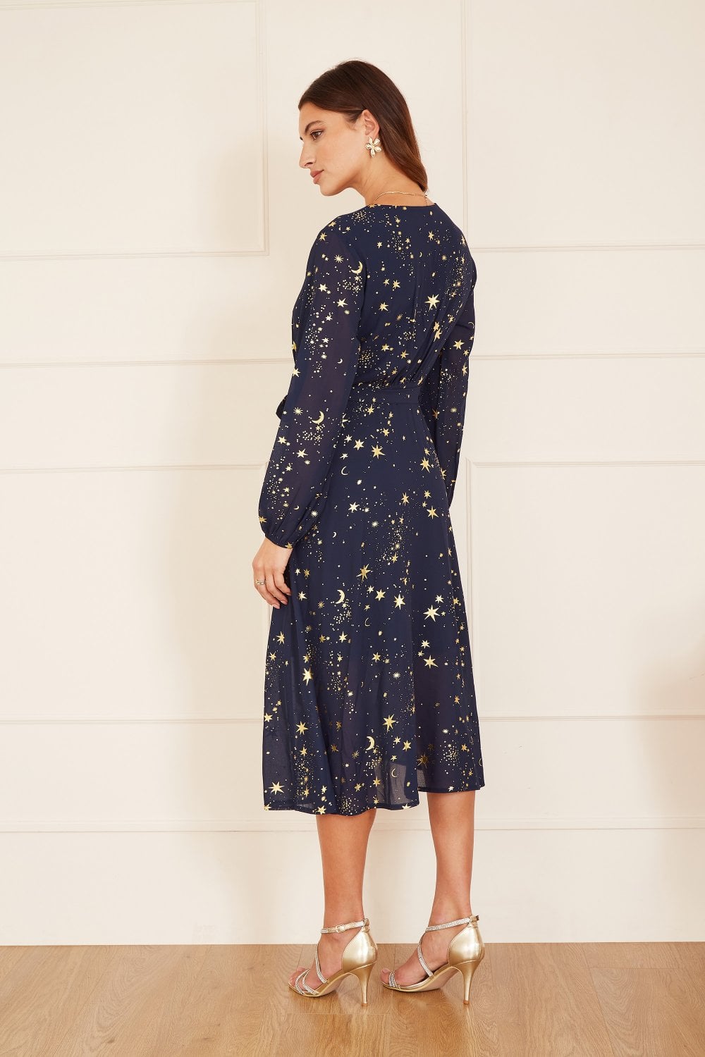 Mela Navy Foil Star Print Long Sleeve Midi