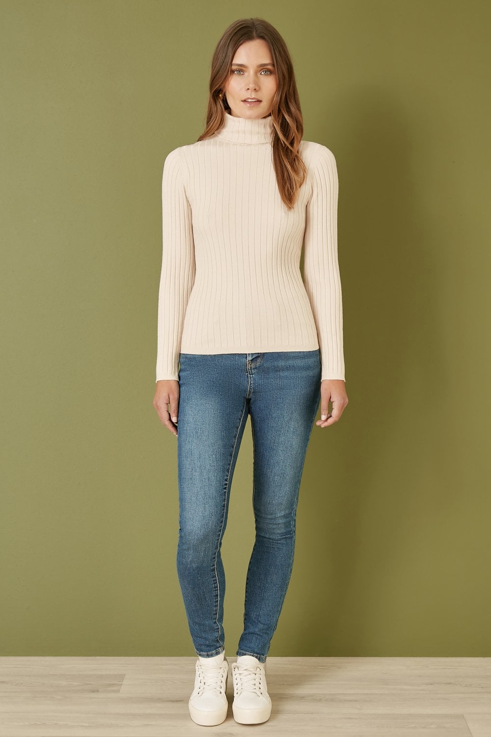 Mela Oatmeal Ribbed Knit Roll Neck Jumper