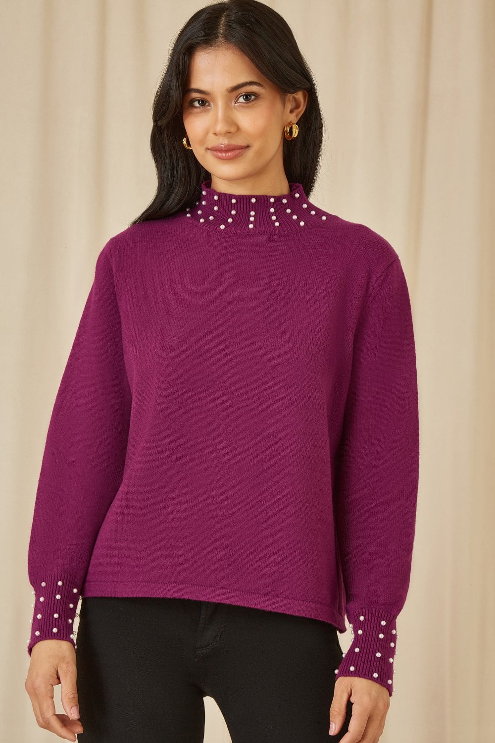 Mela Plum Pearl Detail High Neck Jumper