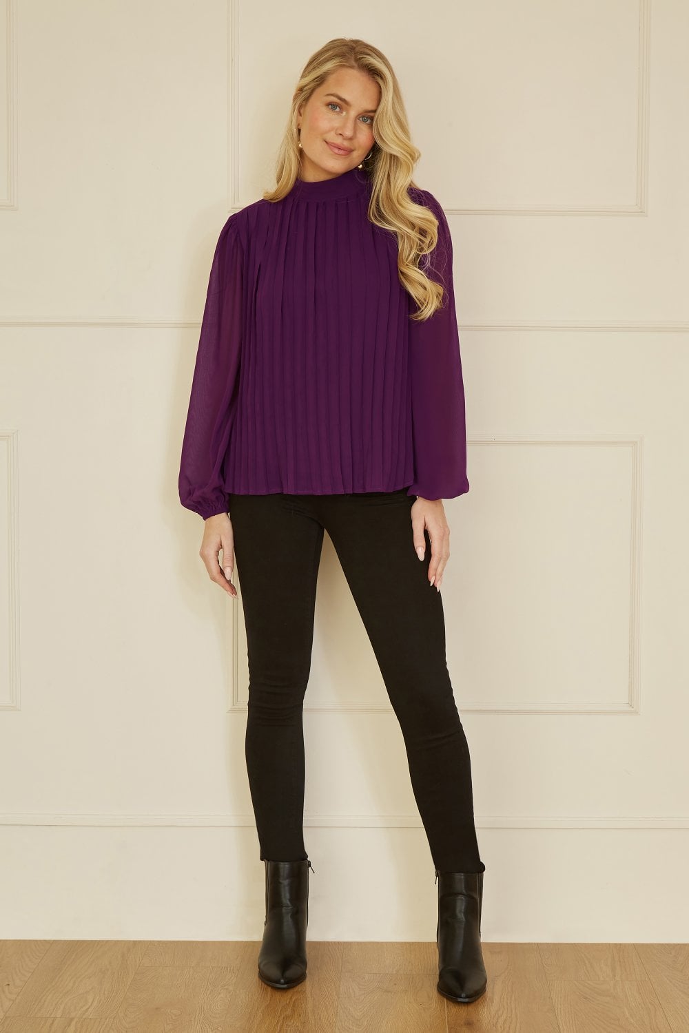 Mela Plum Pleated Long Sleeve Top With High Neck