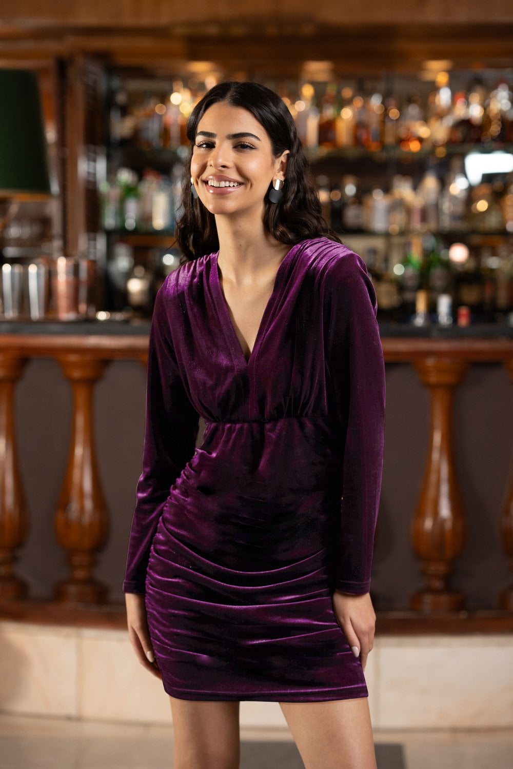 Mela Plum Velvet Fitted Long Sleeve Mini Dress