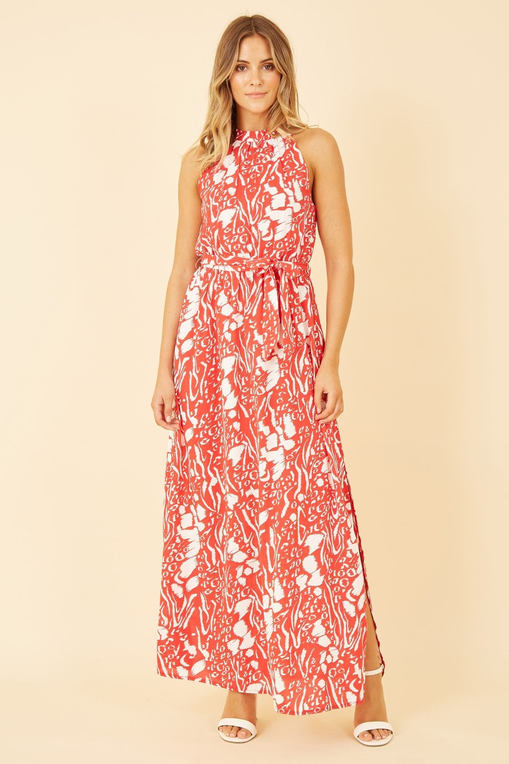 Mela Red Animal Print Halter Neck Maxi Dress