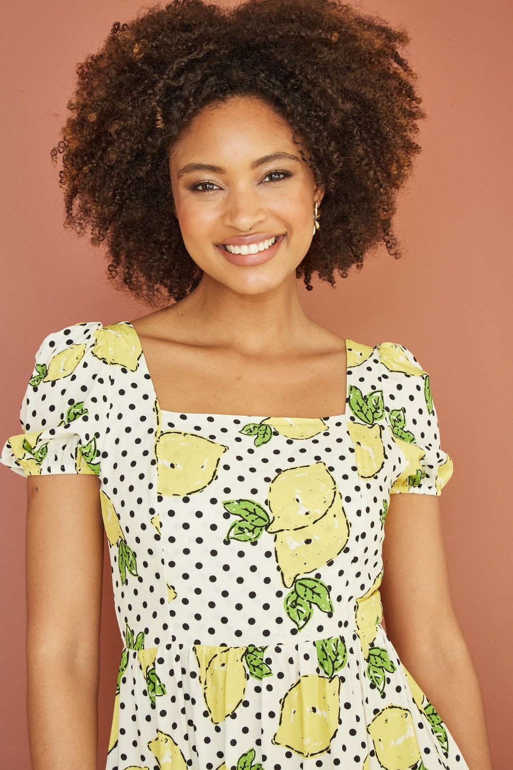 Mela White Viscose Lemon Print Skater Dress With Balloon Sleeves