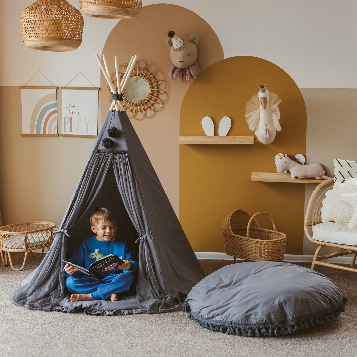 MINICAMP Large Floor Cushion with Tassels in Grey