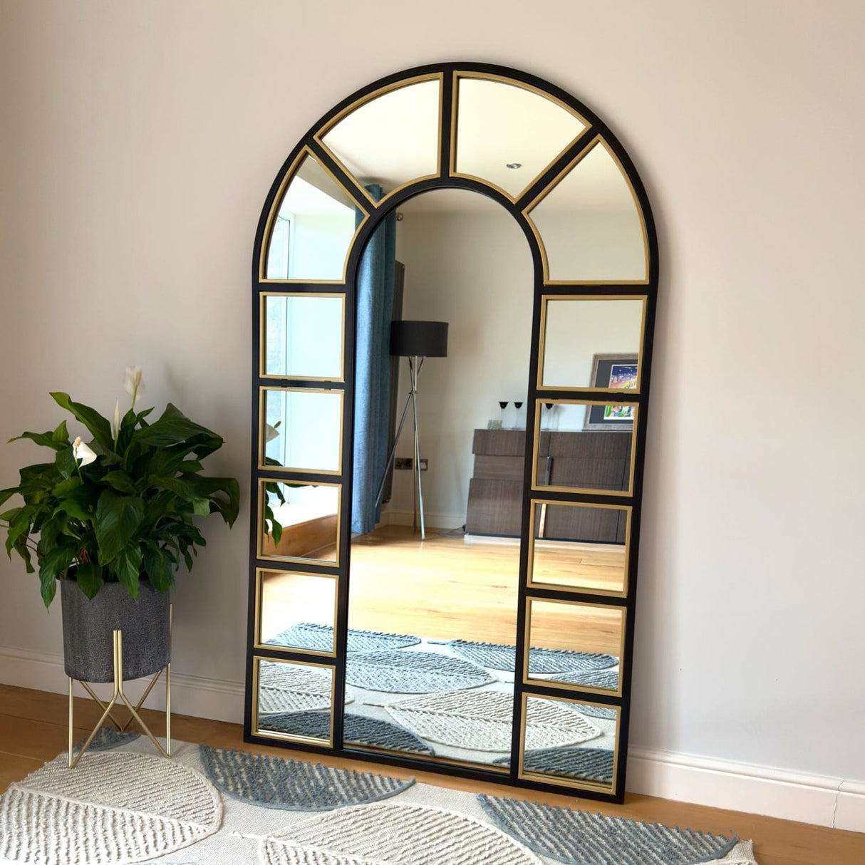 Mio - Full Length Black & Gold Metal Arched Window Mirror - 180cm x 105cm.