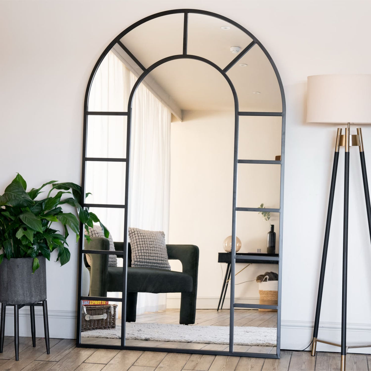 Mio - Full Length Black Metal Arched Window Mirror - 180cm x 90cm.