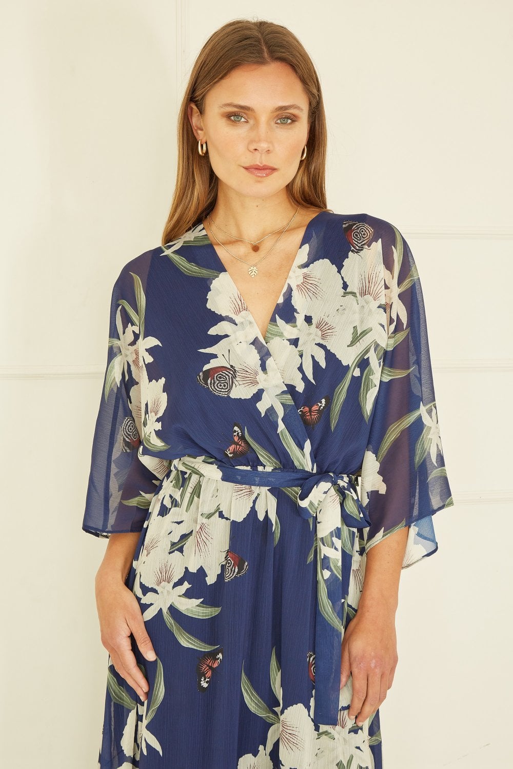 Navy Floral Kimono Sleeves Dip Hem Wrap Midi Dress