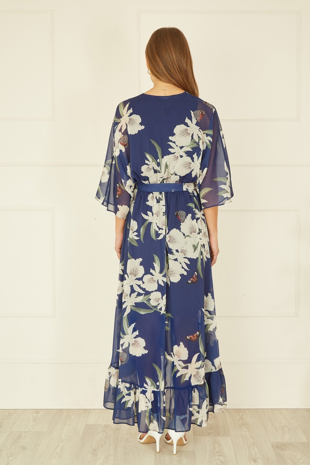 Navy Floral Kimono Sleeves Dip Hem Wrap Midi Dress