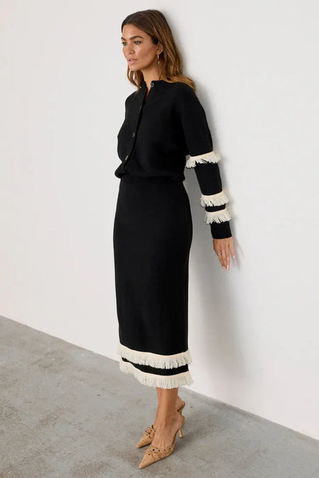 Black and Cream Fringe Straight Knit Skirt