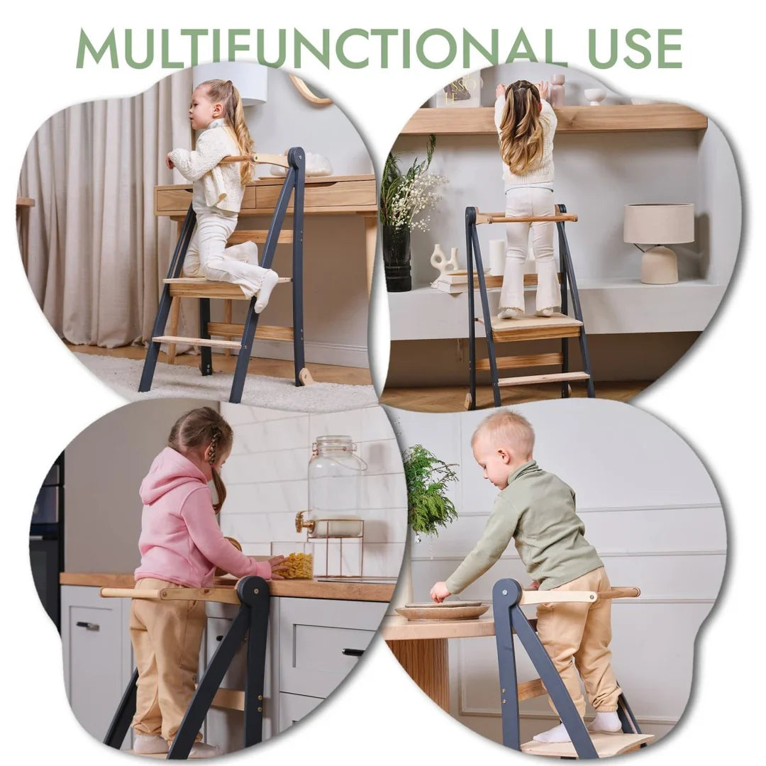Folding Growing Chair – Montessori Step Stool With Safety Rails for Toddlers – Graphite