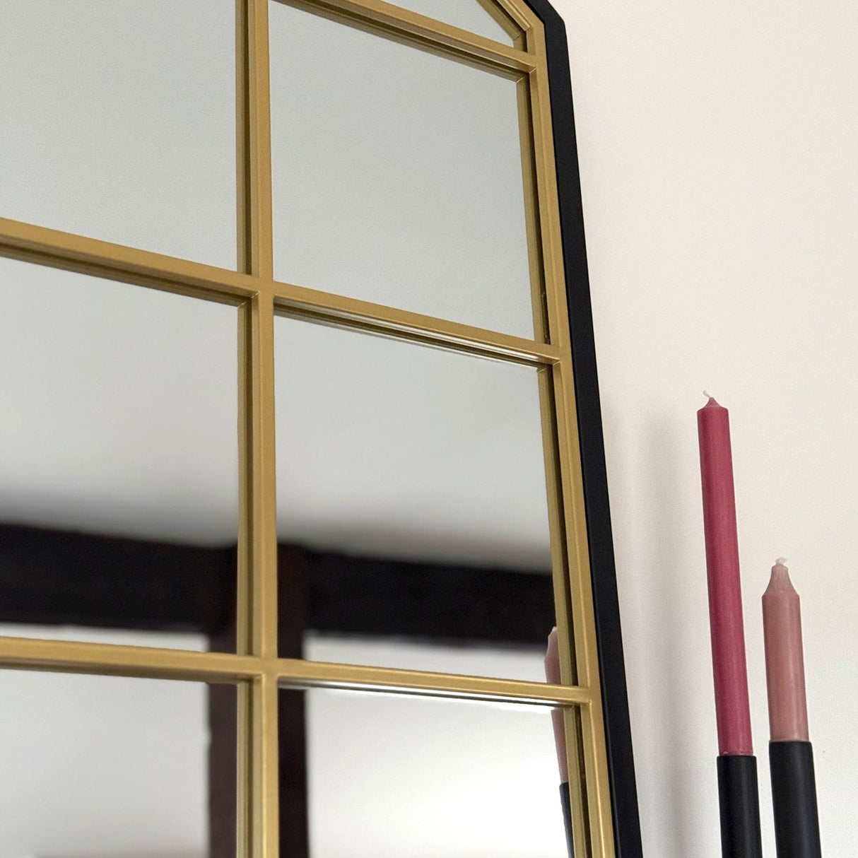 Tomi - Full Length Black & Gold Metal Arched Lattice Window Mirror - 180cm x 105cm