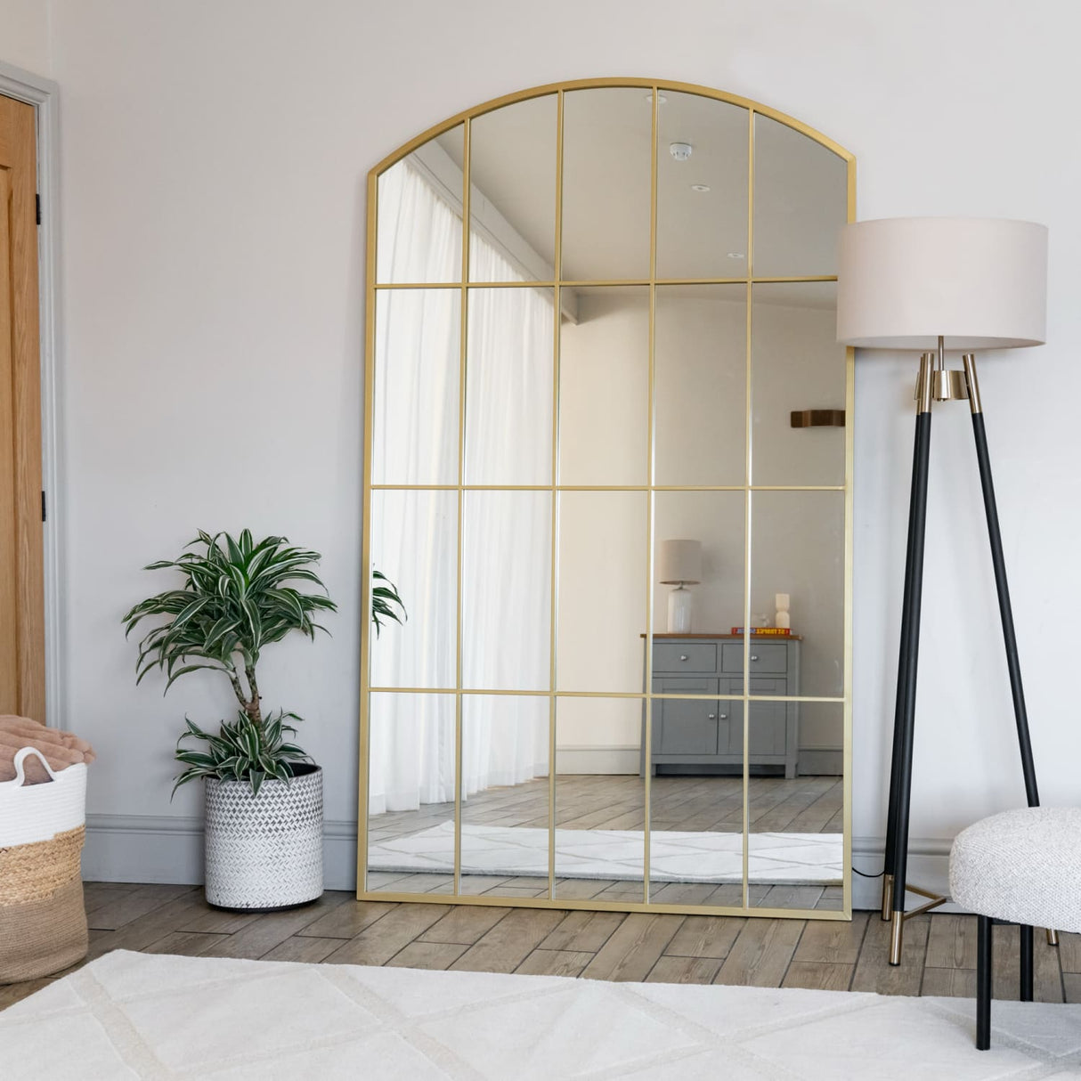 Tomi - Full Length Gold Metal Arched Lattice Window Mirror - 180cm x 105cm.