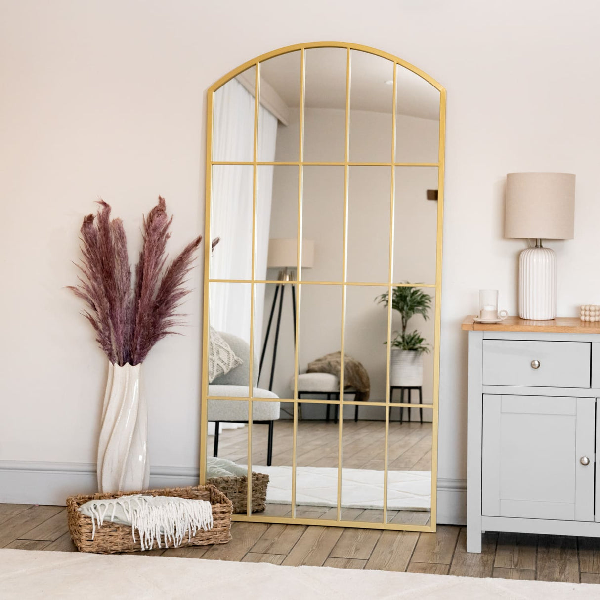 Tomi - Full Length Gold Metal Arched Lattice Window Mirror - 180cm x 90cm