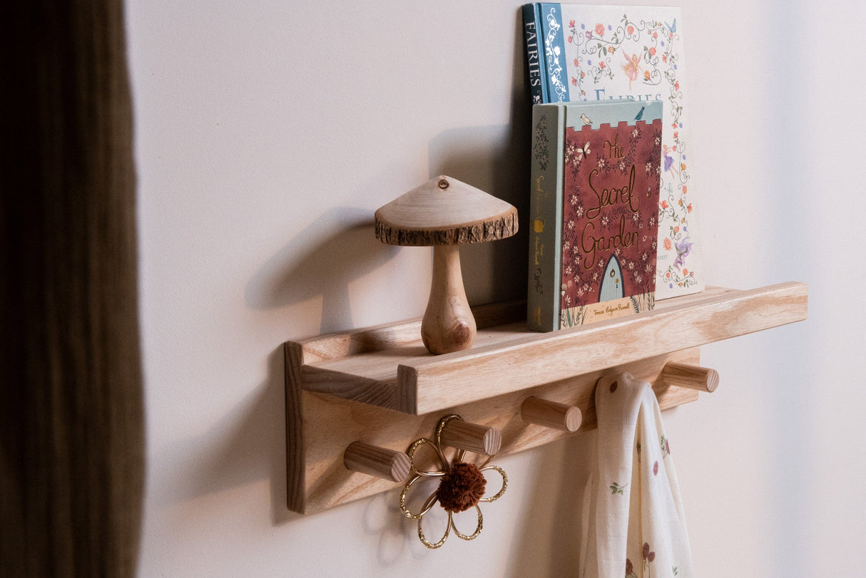 Signature Wall Shelf With Pegs - Solid Ash