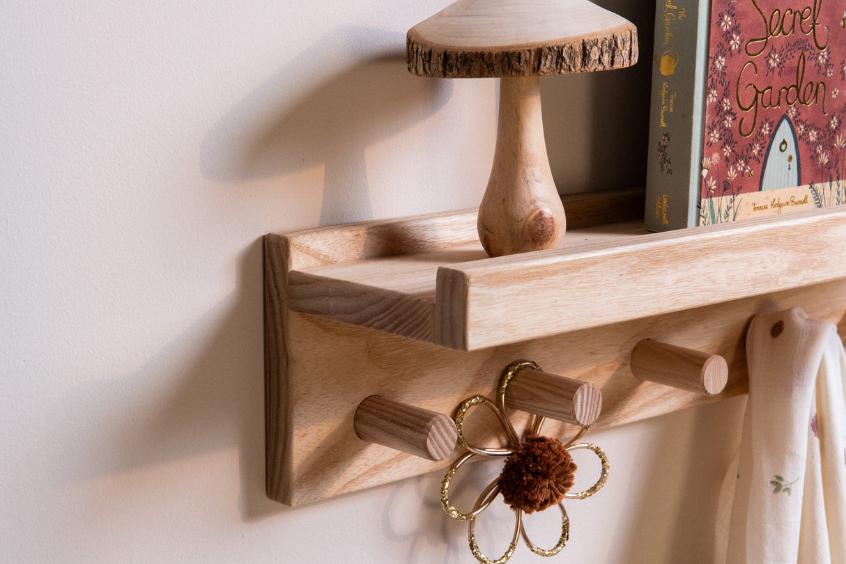 Signature Wall Shelf With Pegs - Solid Ash