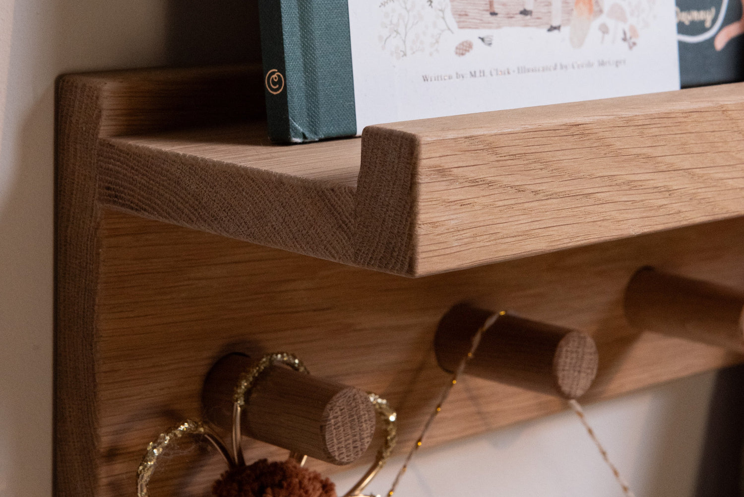 Signature Wall Shelf With Pegs - Solid Oak