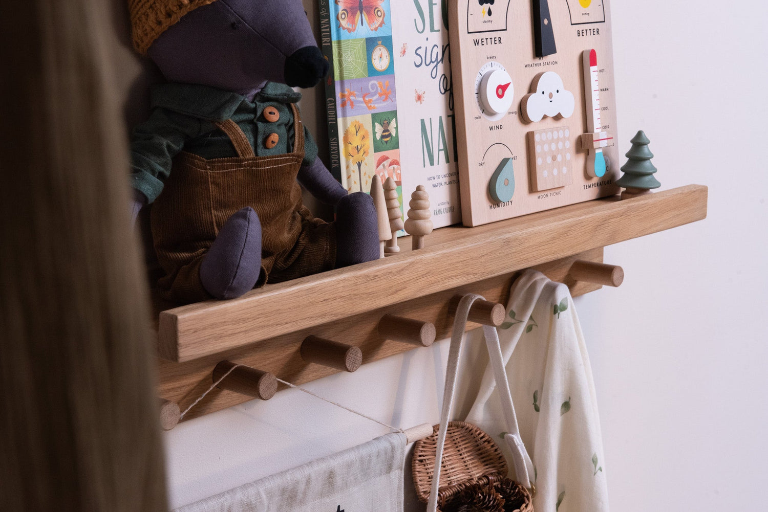 Signature Wall Shelf With Pegs - Solid Oak