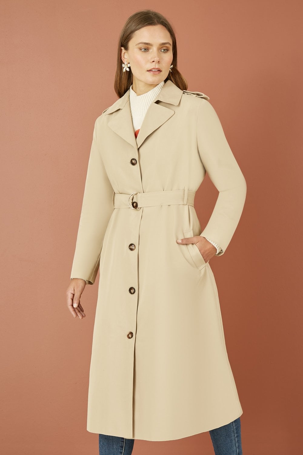 Yumi Beige Belted Long Trench Coat With Belt