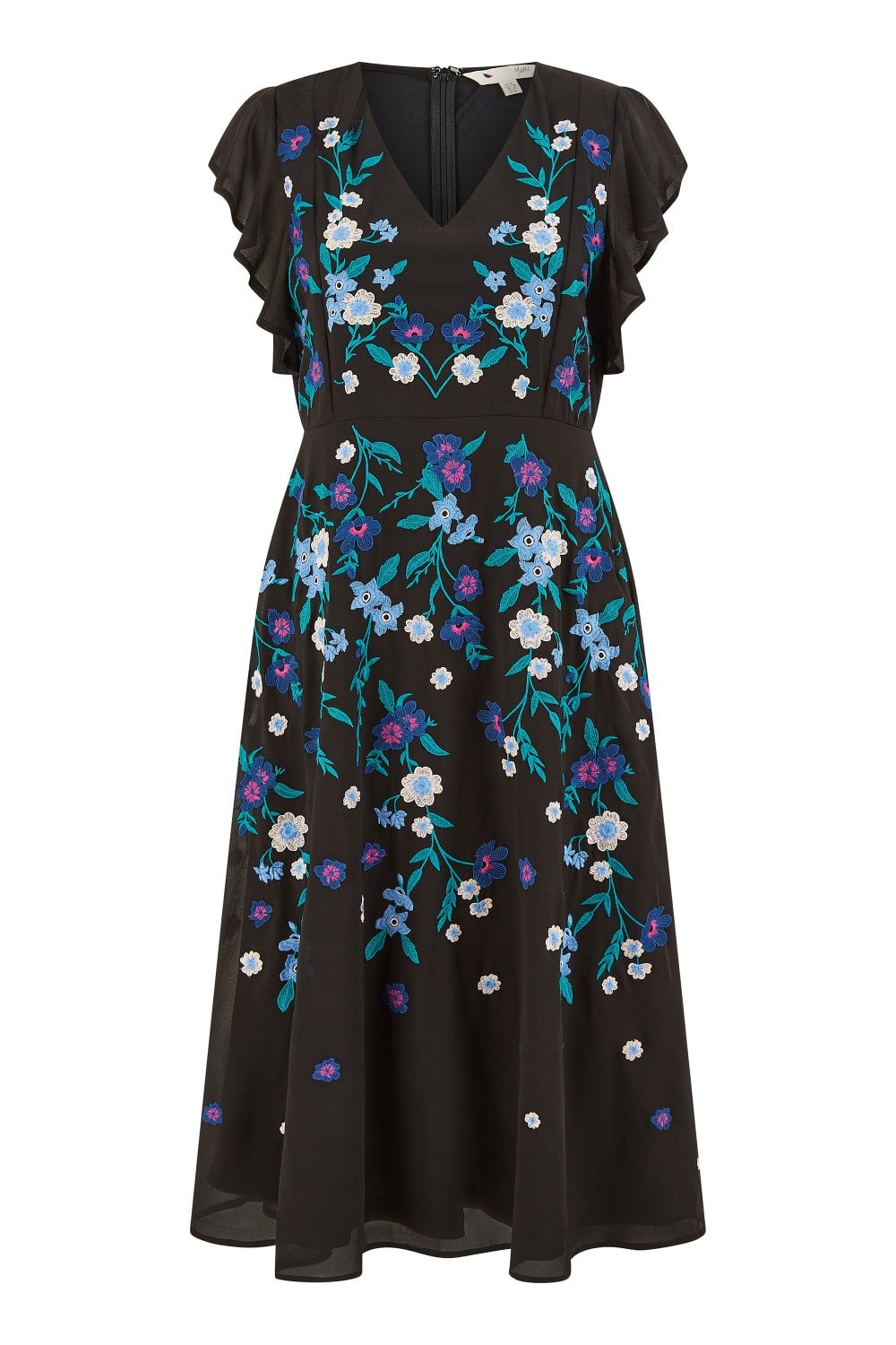 Yumi Black All Over Floral Embroidery Midi Skater Dress