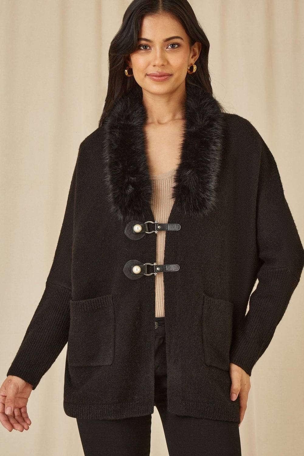 Yumi Black Cardigan With Detachable Fur Collar Trim