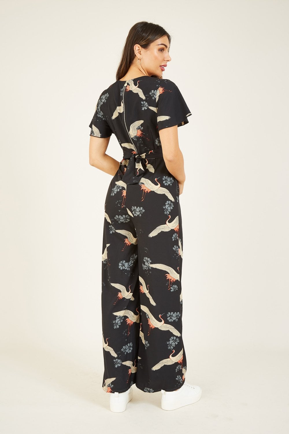 Yumi Black Crane Print Angel Sleeve Jumpsuit