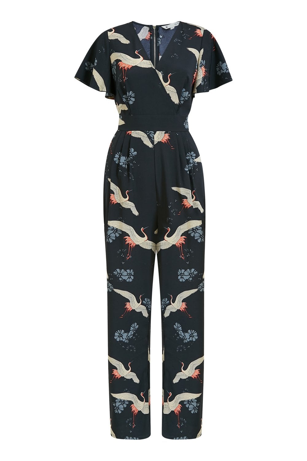 Yumi Black Crane Print Angel Sleeve Jumpsuit