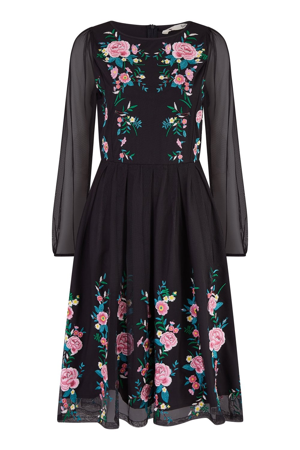 Yumi Black Embroidered Long Mesh Sleeve Prom Skater Dress