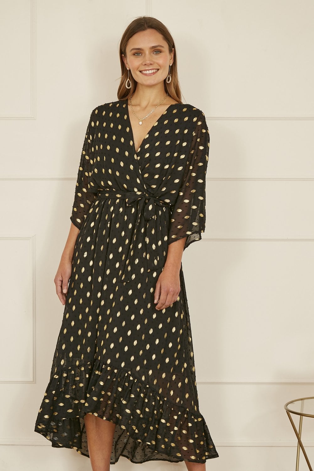 Yumi Black Foil Print Wrap Over Dip Hem Midi Dress
