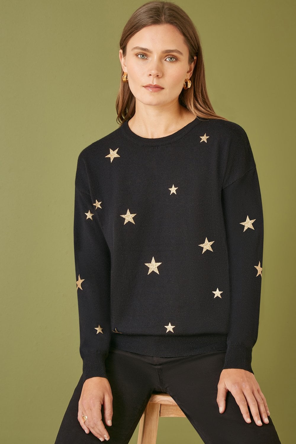 Yumi Black Gold Foil Star Print Relaxed Fit Jumper