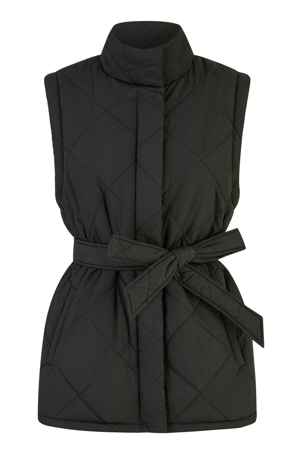 Yumi Black High Neck Quilted Gilet With Belt