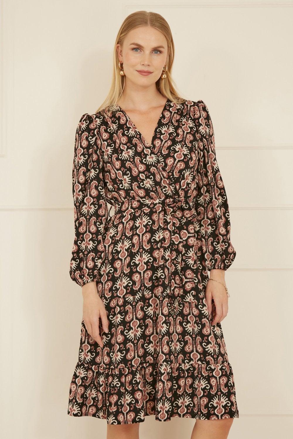 Yumi Black Ikat Long Sleeve Skater Dress