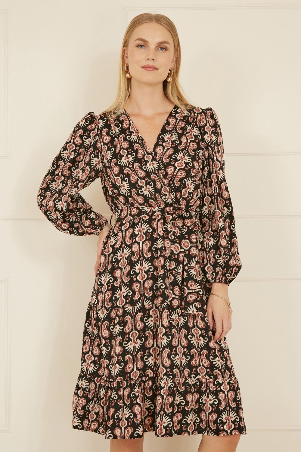 Yumi Black Ikat Long Sleeve Skater Dress