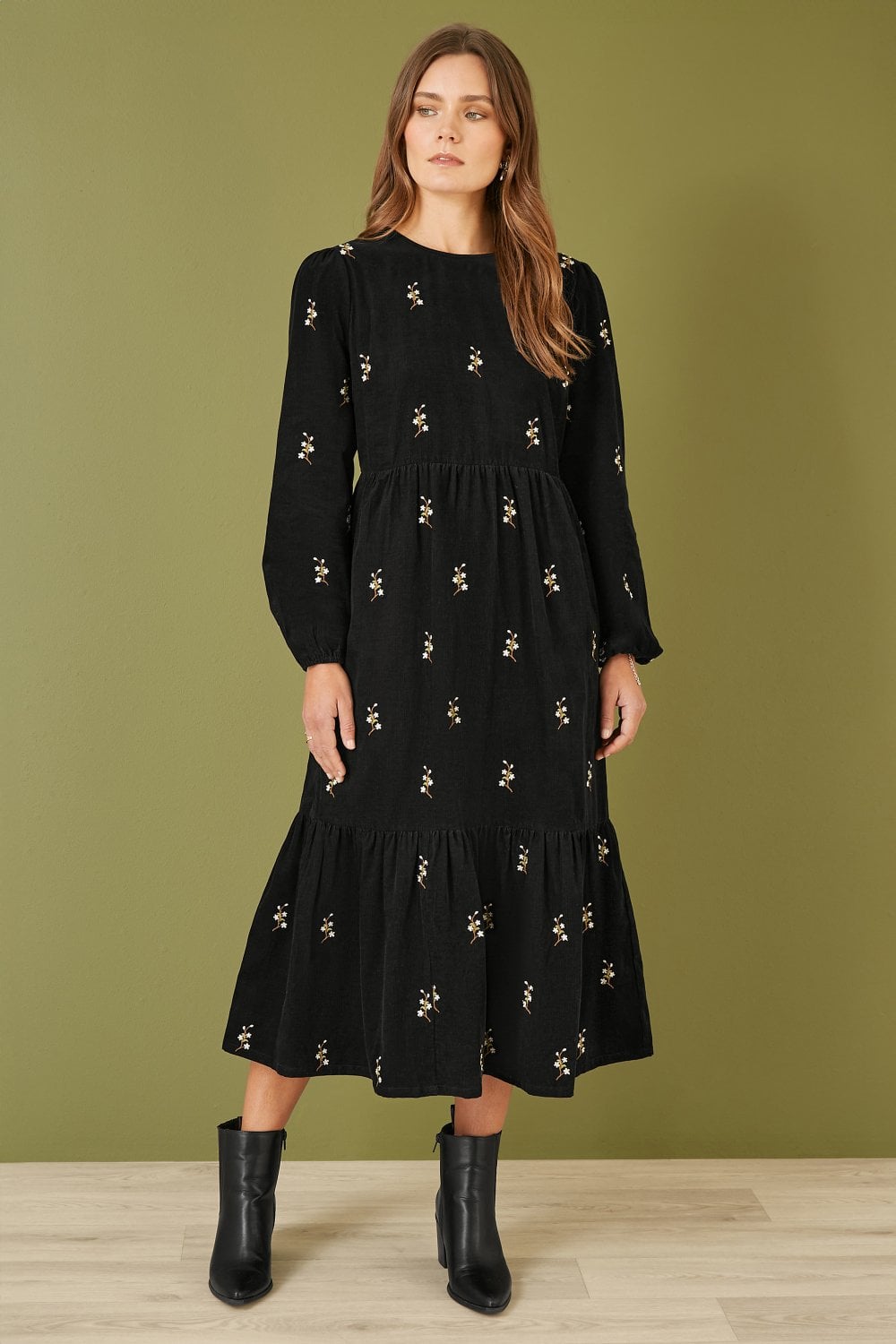 Yumi Black Long Sleeve Midi Dress With Floral Embroidery