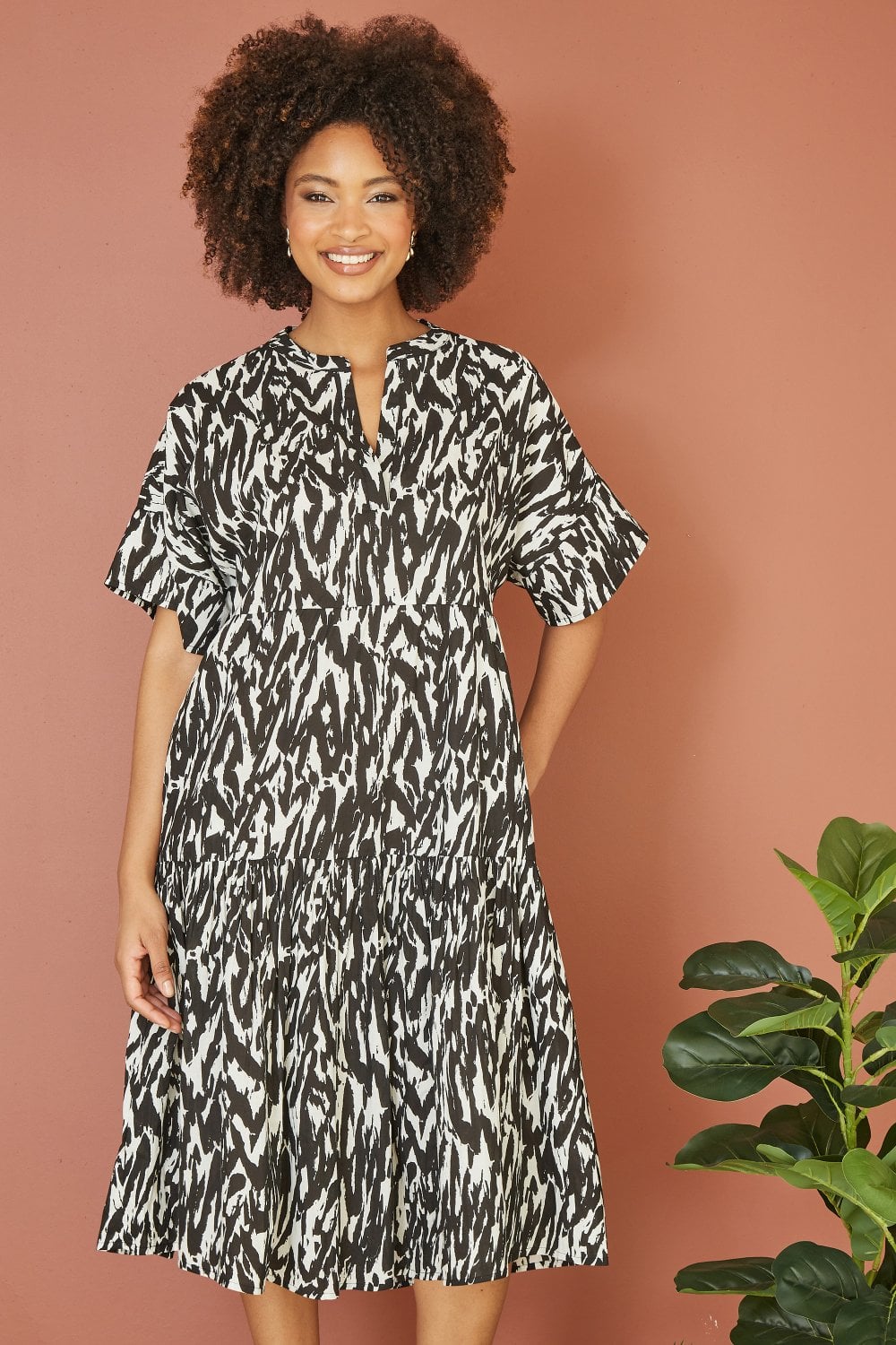 Yumi Black Organic Cotton Animal Print Tiered Tunic Dress