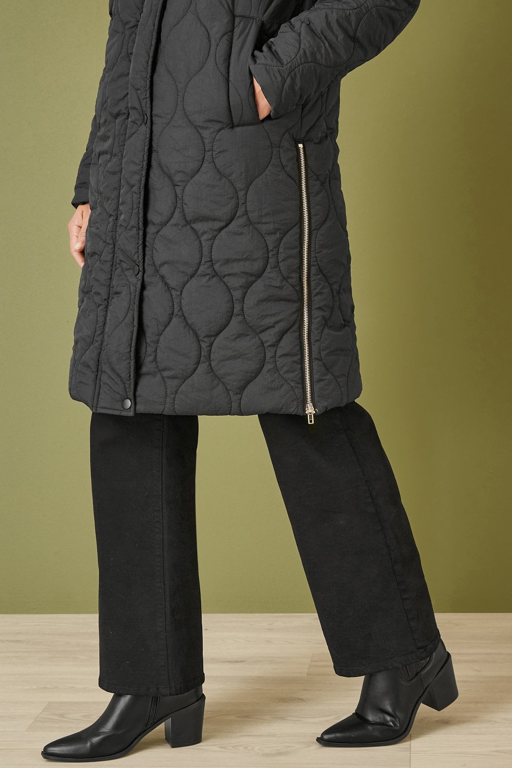 Yumi Black Padded Quilted Long Coat With Zip Detail And Hood