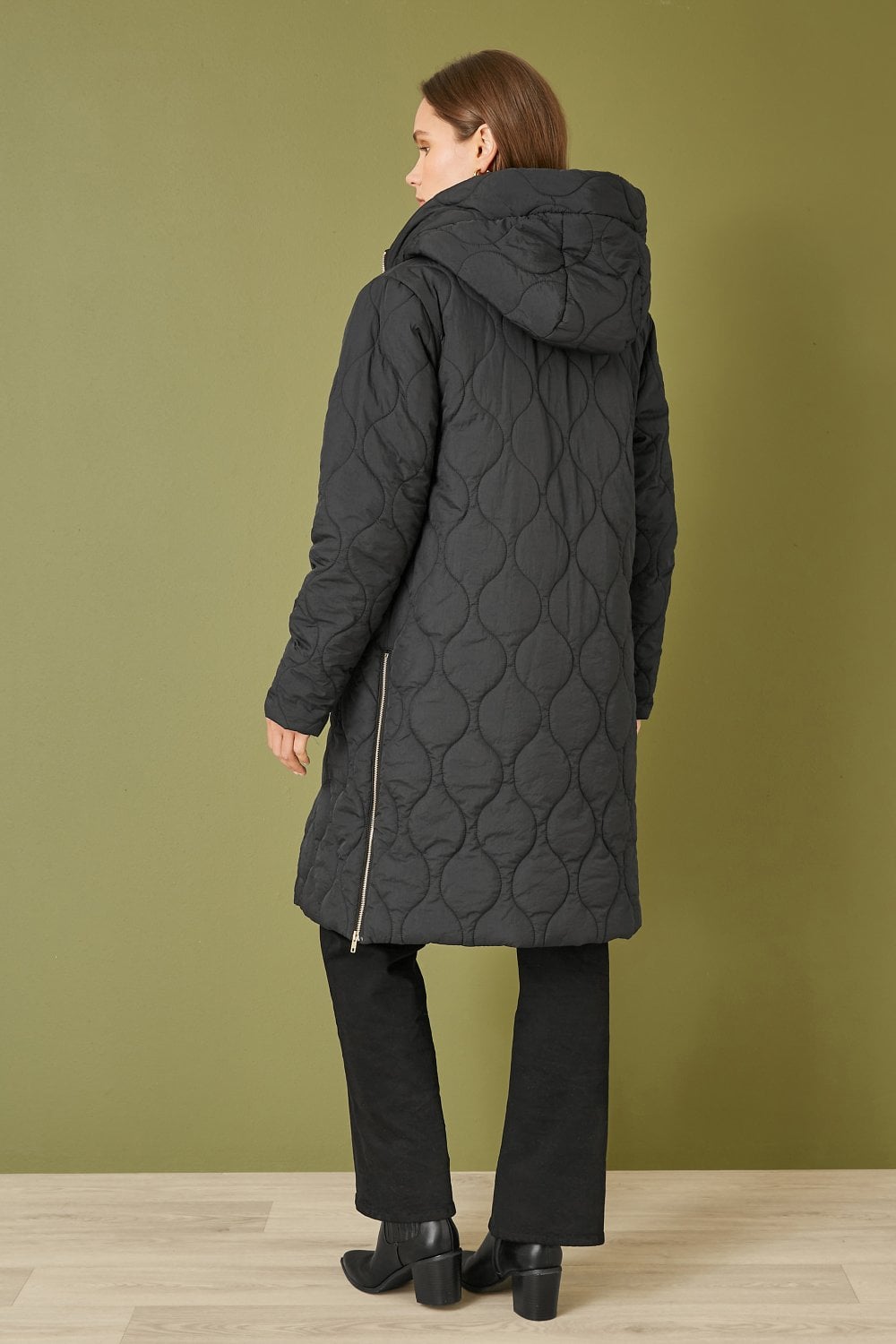 Yumi Black Padded Quilted Long Coat With Zip Detail And Hood