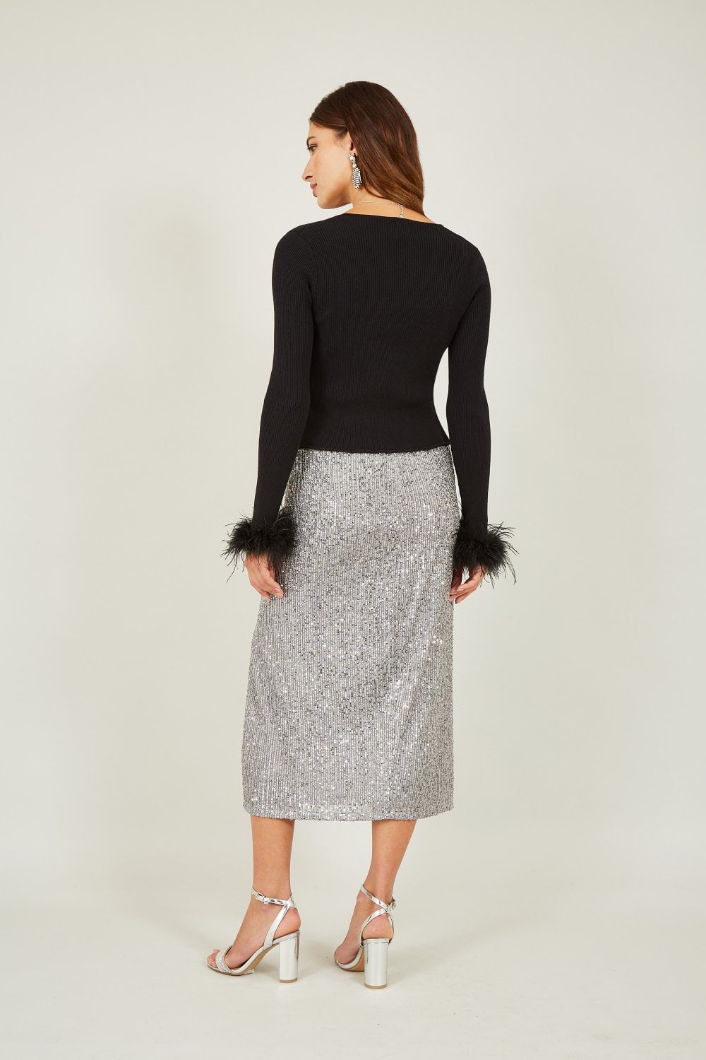 Yumi Black Ribbed Bolero With Feather Cuffs