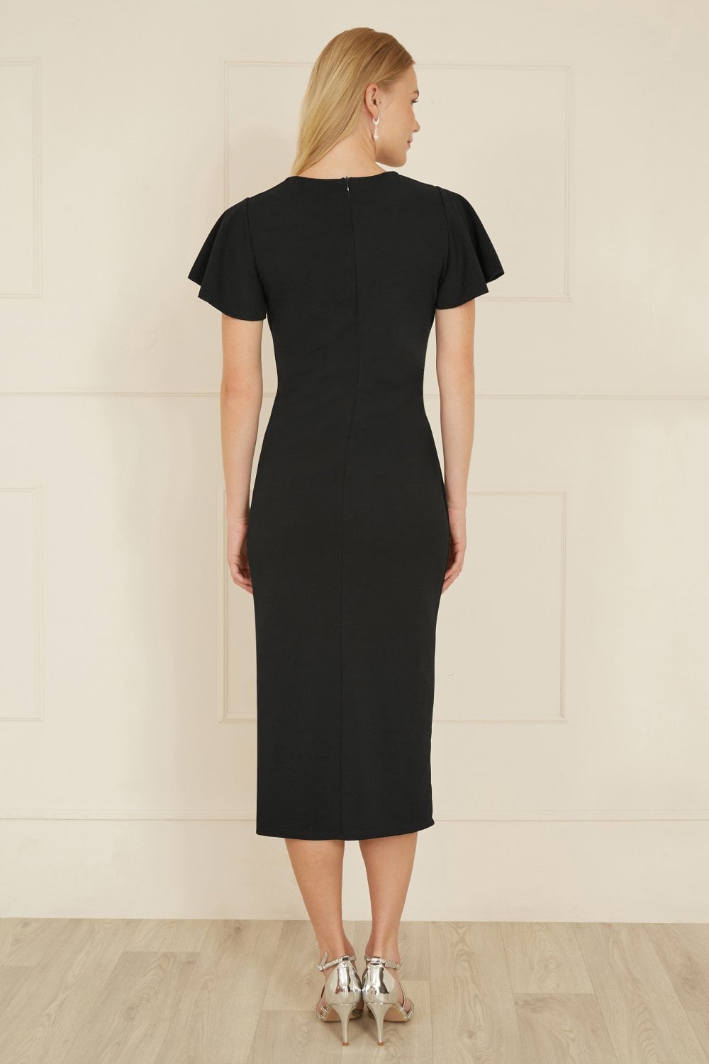 Yumi Black Ruched Waist Stretch Midi Dress