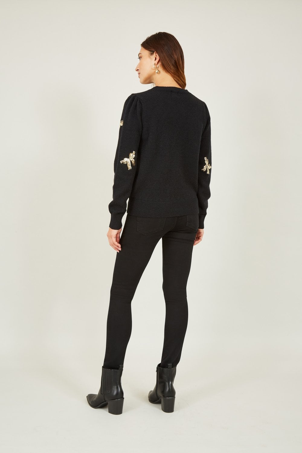 Yumi Black Sequin All Over Applique Bow Knitted Jumper