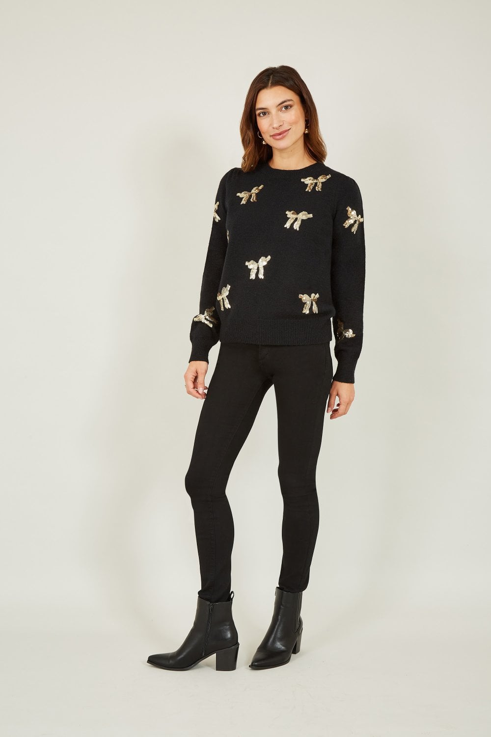Yumi Black Sequin All Over Applique Bow Knitted Jumper