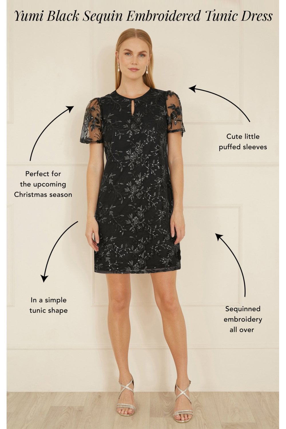 Yumi Black Sequin Embroidered Tunic Dress