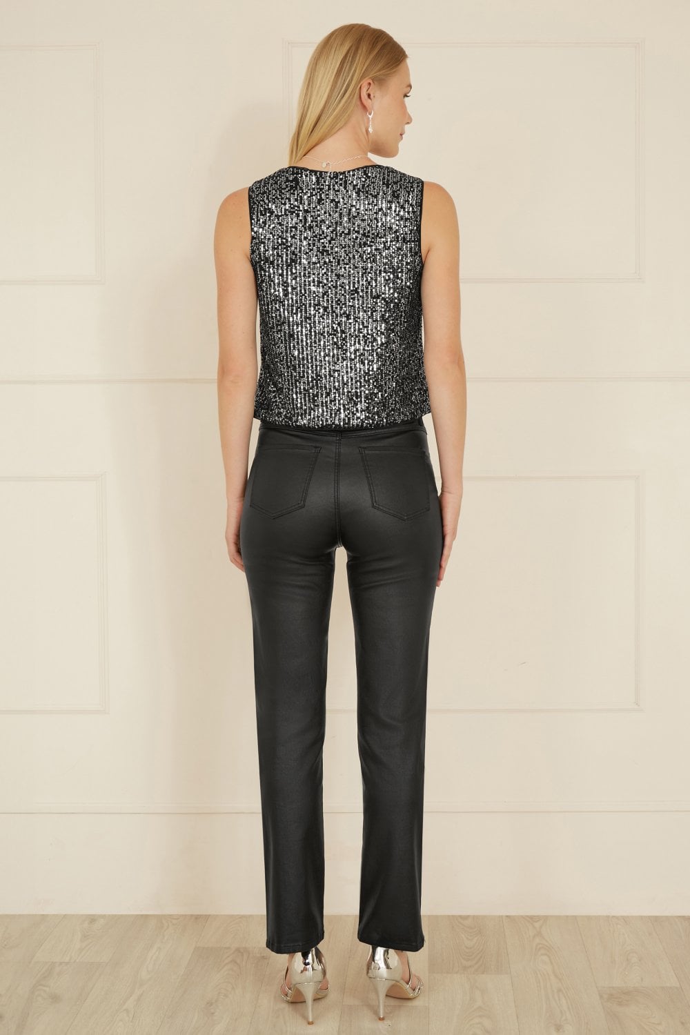 Yumi Black Sequin Tie Front Waistcoat