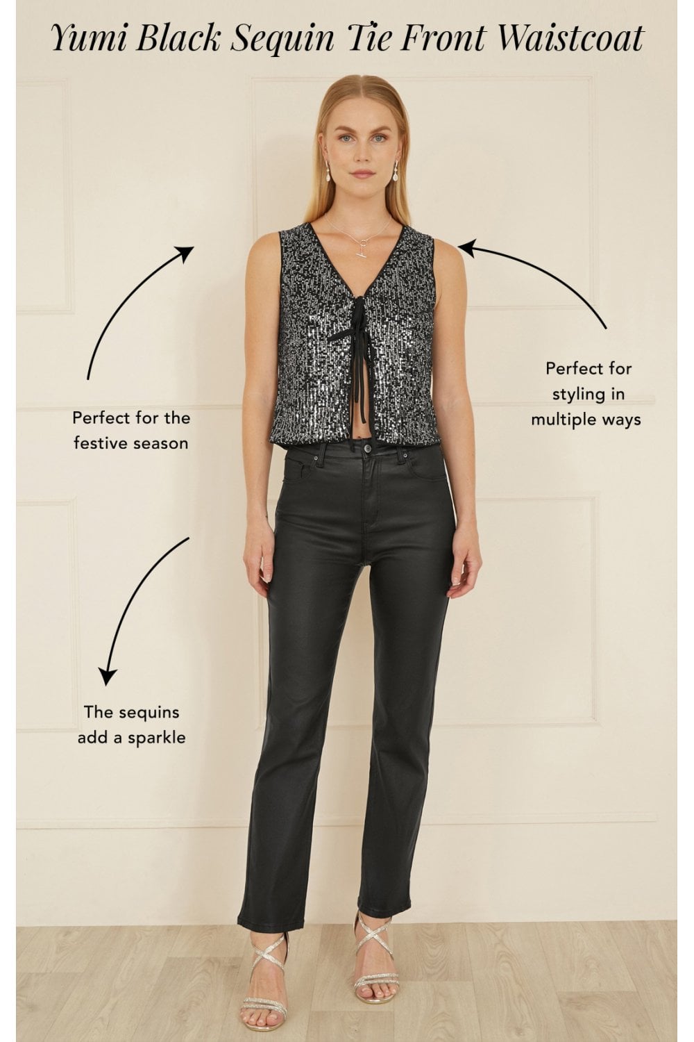 Yumi Black Sequin Tie Front Waistcoat